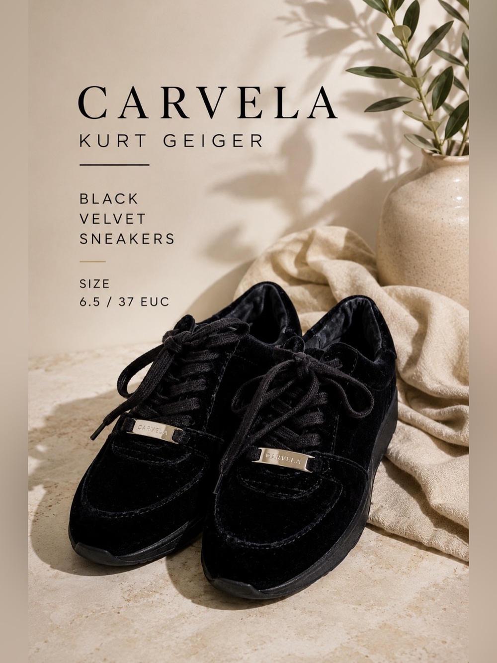 Carvela Kurt Geiger Black Velvet Lace Up Sneakers Size 6.5